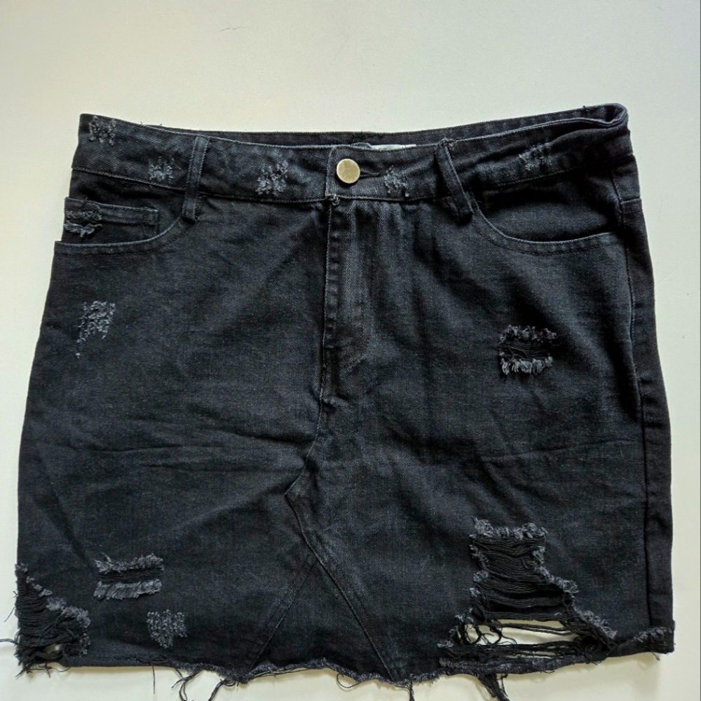 Distressed Black Denim Skirt